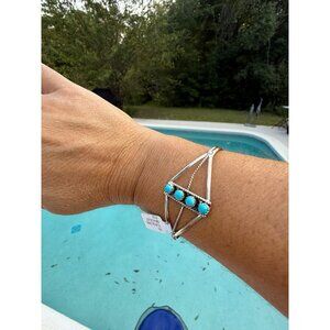 Navajo Sterling Silver & Turquoise Handmade Cuff Bracelet  Janice Spencer Adj